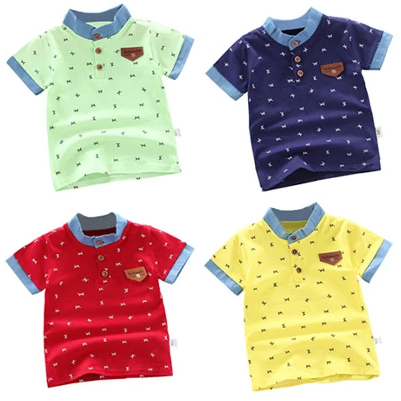 2024 Summer New Children Boys Shirts Letter Print Short Sleeve School Cotton Lapel Tops O-Neck Kids Todder Tee Shirt