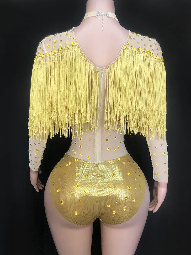 Costume de batterie de scène en diamant cristal brillant pour femme, maille transparente sexy, robe de performance de danse, pompon, chanteuse de boîte de nuit, grande taille