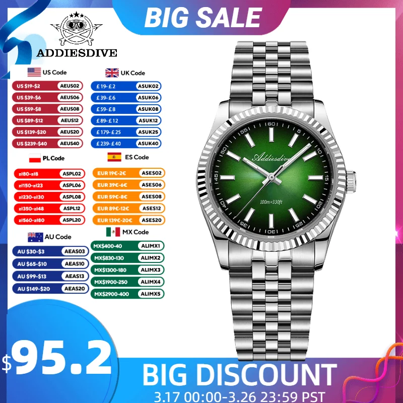 

ADDIESDIVE Quartz Watch for Men Sapphire AR Coated 10Bar Supper Luminous 36mm Men Wristwatch Sports VH31 Men Watches New AD2073