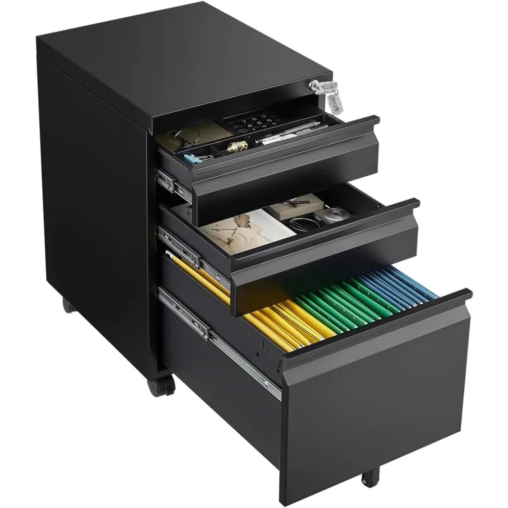 

Мобильный шкаф для документов с 3 ящиками и замком, черный вертикальный шкаф для документов, небольшой металлический шкаф на колесиках под столом для домашнего офиса