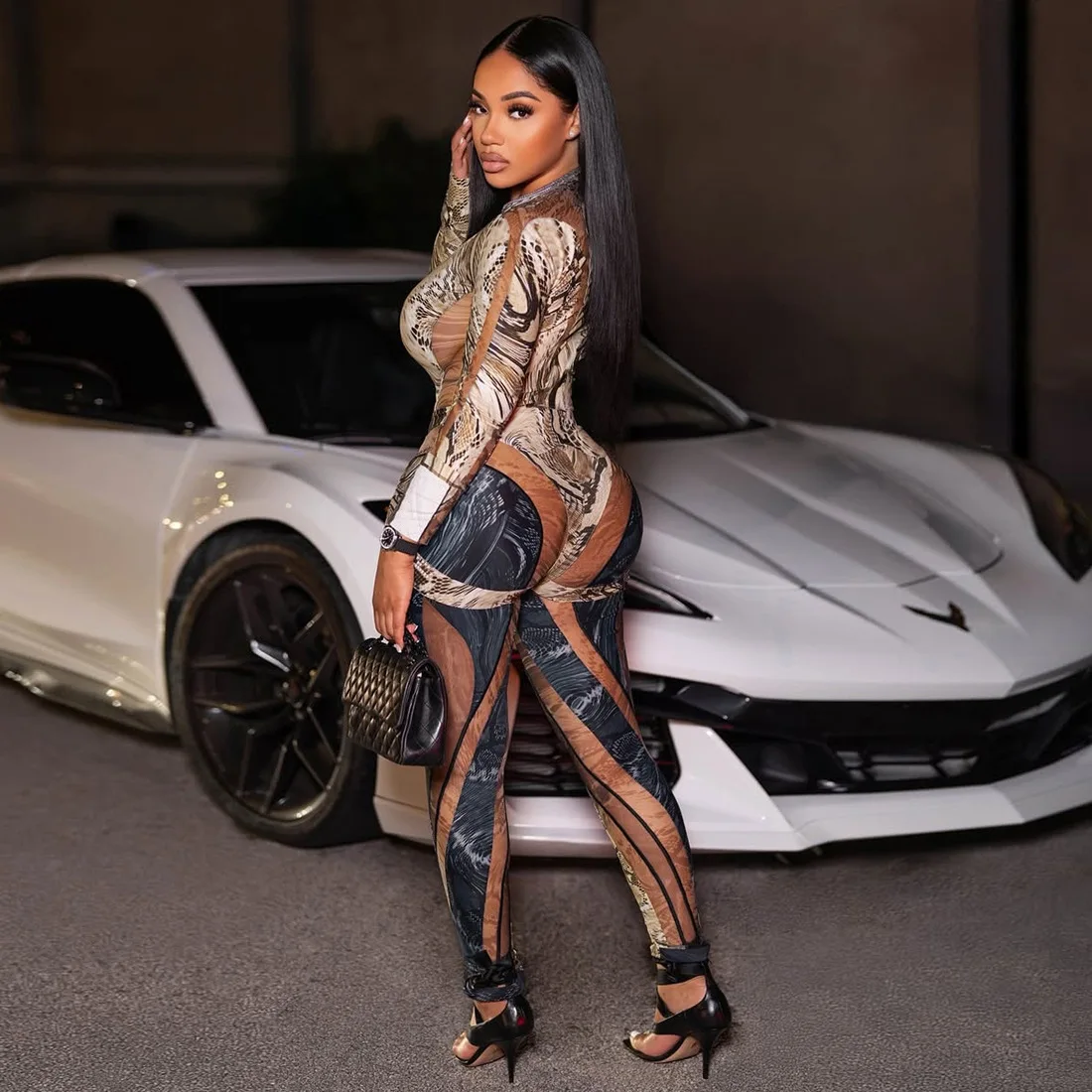 STYLISH LADY Hollow Out Snake Printed Jumpsuits 2025 Autumn Women Long Sleeve O Neck Bodycon Sexy Clubwear Party Overalls