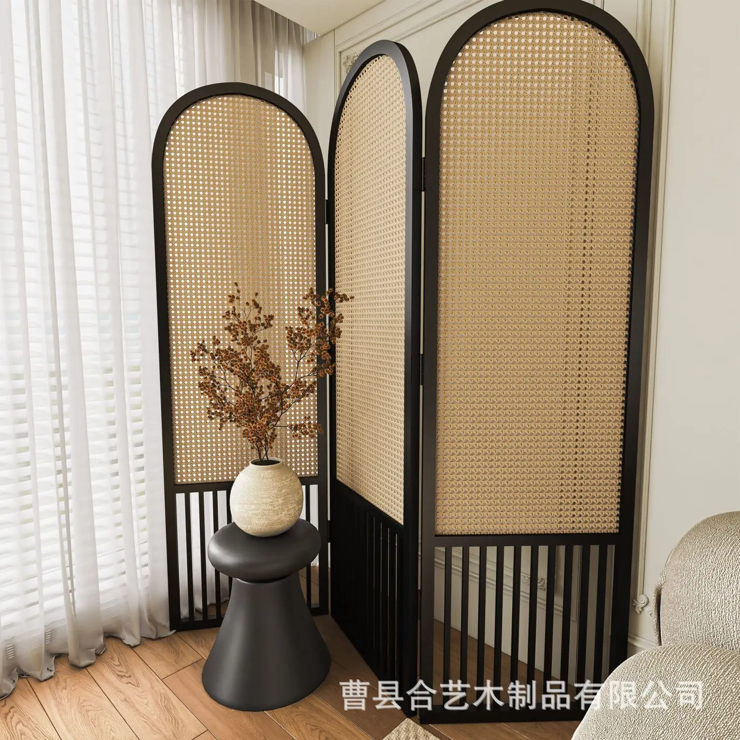 French rattan woven screen, solid wood, foldable, movable foyer, covering living room decoration, simple home entry