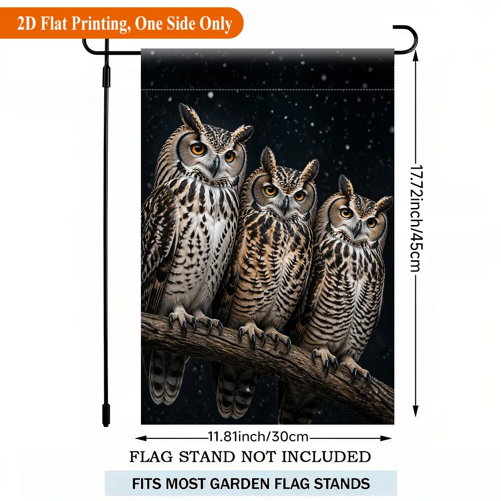 2D Flat Garden Flag 1 Piece, Three Owls Perched in The Snow Holiday Yard Outdoor Flag for Outdoor Home and Yard Holiday Decorations, Valentine's Day Mother's Day, St. Patrick's Day Easter, Christmas, Thanksgiving, Halloween, Flagpole Free (Flags Only)