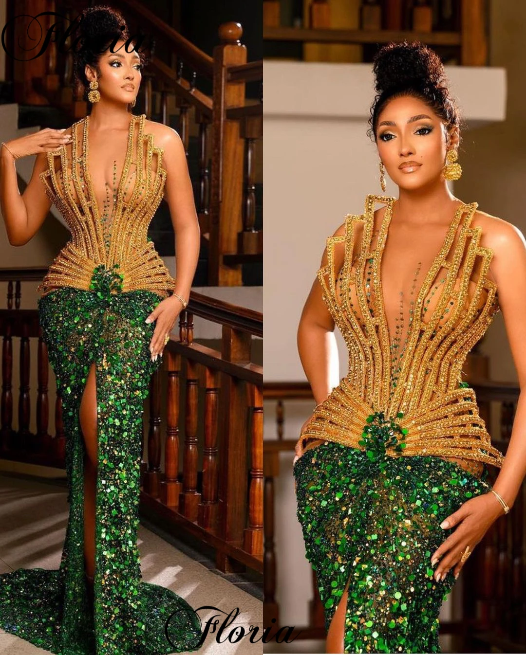 Special Gold And Green Evening Dresses High Luxury Sparkly Sequined Celebrity Dresses For Women Robes De Soirée Pageant Gowns