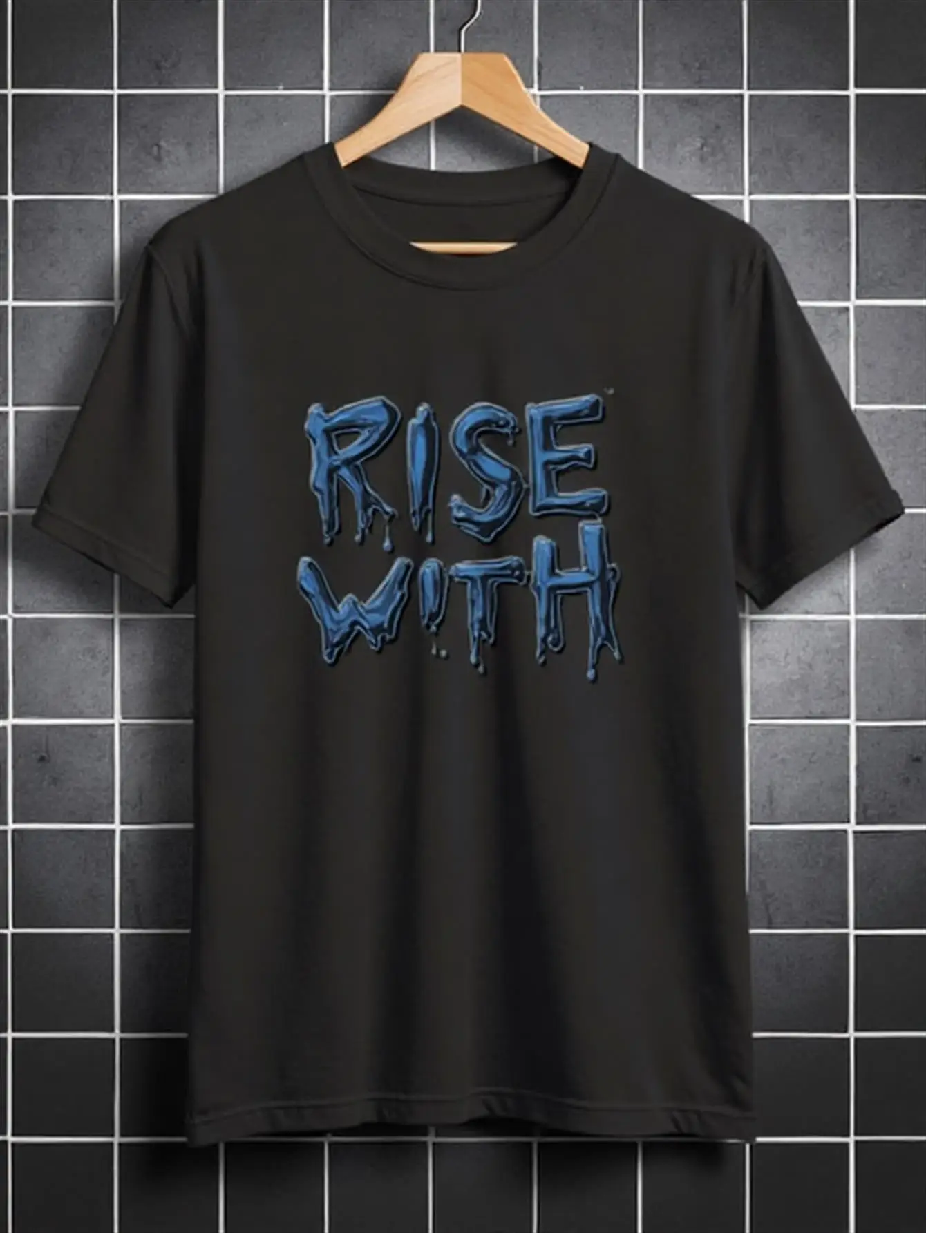 

Men's Black Stretch Cotton T-Shirt with a Striking Blue Rise Pattern Print, Round Neck, Short Sleeves, Casual and Halloween Party Shirt, All-Season Comfortable Style, Machine Washable, Ideal Gift for Men (Birthday)