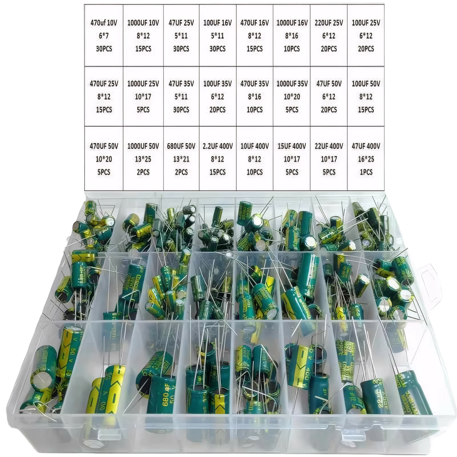 335Pcs Aluminum Electrolytic Capacitor Kit 24Values 10V-400V Capacitors Assortment Kit 2.2UF 22UF 10UF 47UF 100UF 470UF 1000UF