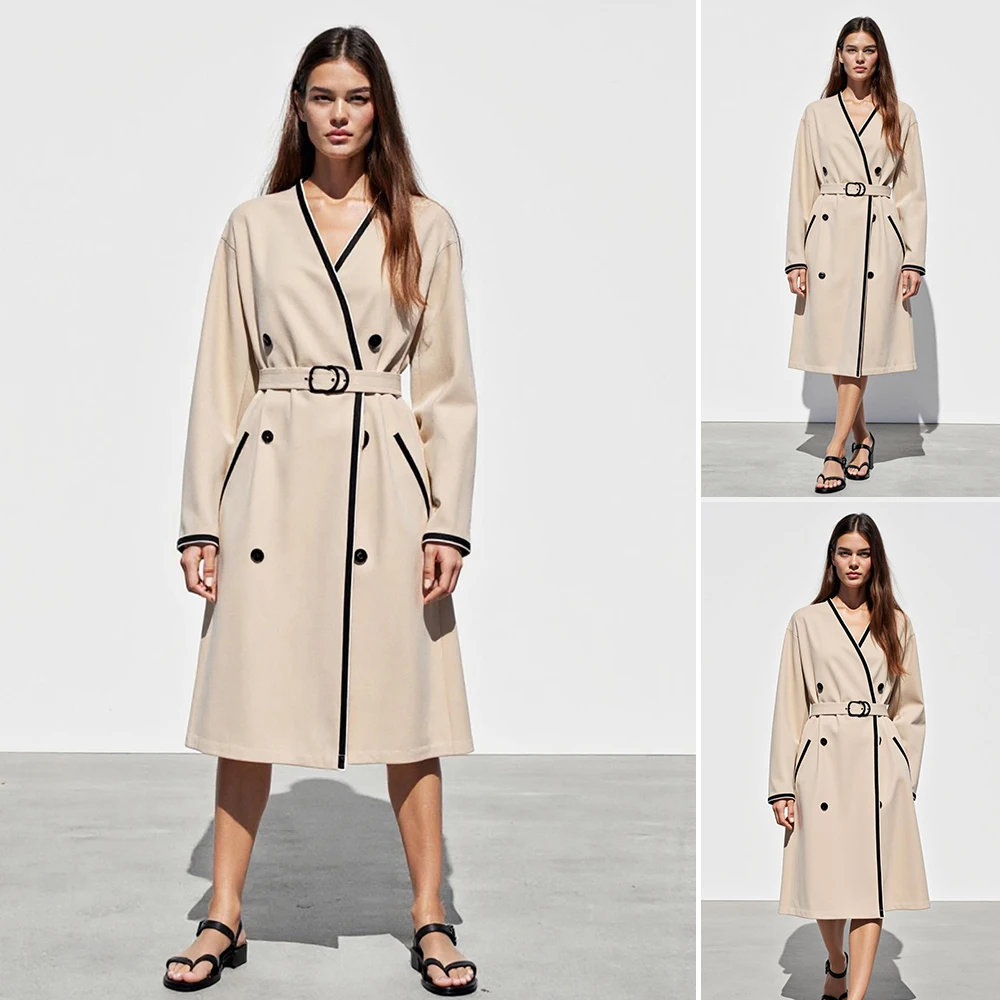 

Mia Muse Boutique, осенний плащ, 2025 г., женский приличный длинный плащ с длинными рукавами и v-образным вырезом, карманами на пуговицах
