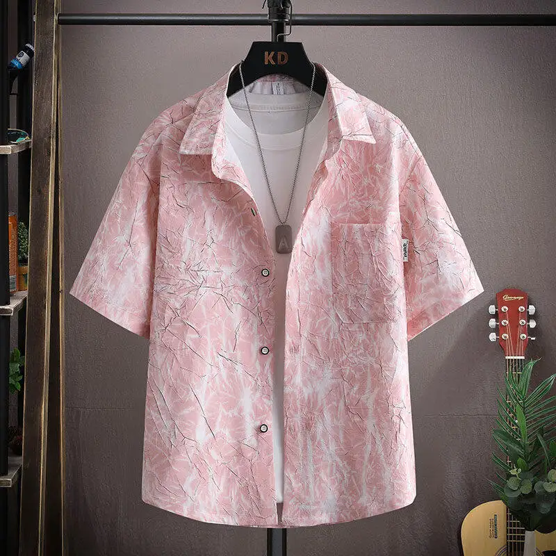 

Men's Short Sleeve Ice Silk Shirt Summer Casual Loose Fit Five-Quarter Length Fashionable Half Sleeve Outerwear