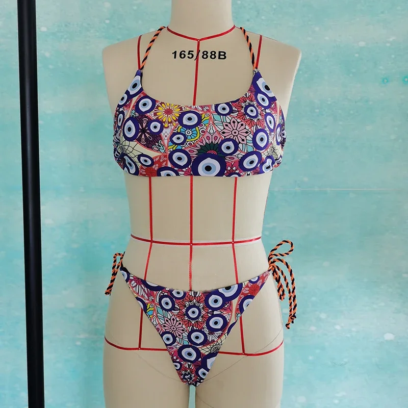 QINJOYER-traje de baño con estampado de ojo de demonio para mujer, Bikini brasileño Sexy, bañador de Tanga, conjunto de Bikini de dos piezas