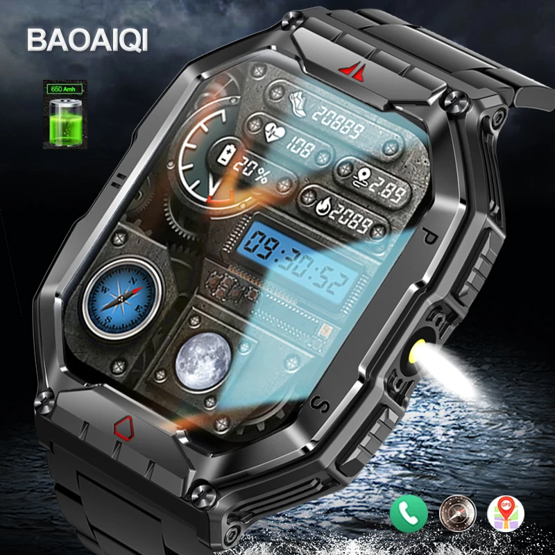 

650mAh Battery Sports 2024 Smart Watch Compass Flashlight Outdoors 1ATM Waterproof Bluetooth Call Voice Assistant Smartwatch+Box