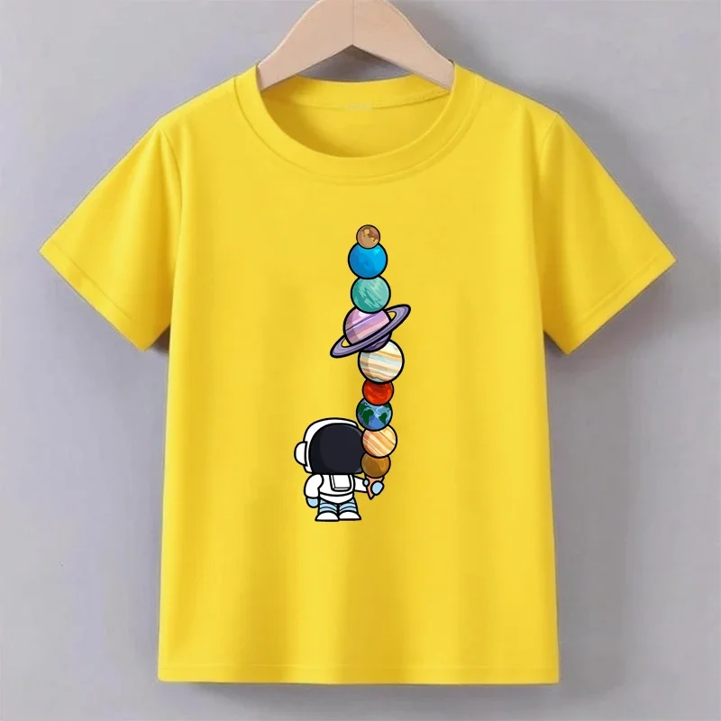 New Astronaut Planet Printed T-Shirt, Summer Children's Fashionable Casual Fun Crew-Neck Short-Sleeved colorful Top