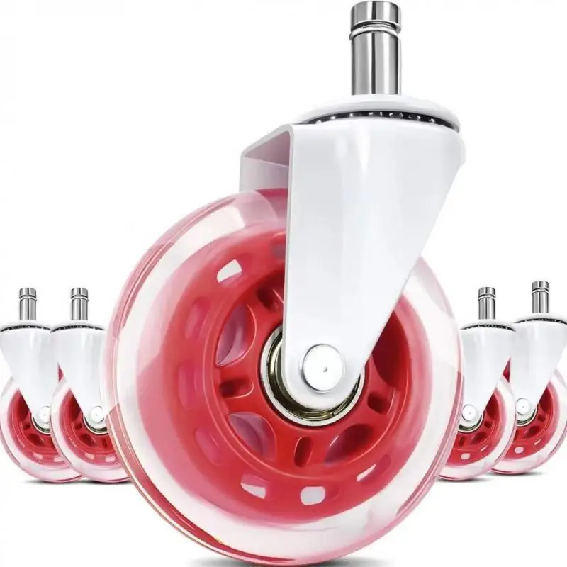 

5Pcs 3-inch Stem 11x22mm PU Swivel Caster Wheels - Transparent Pink, Silent & Smooth Rolling for Office/Gaming Chairs