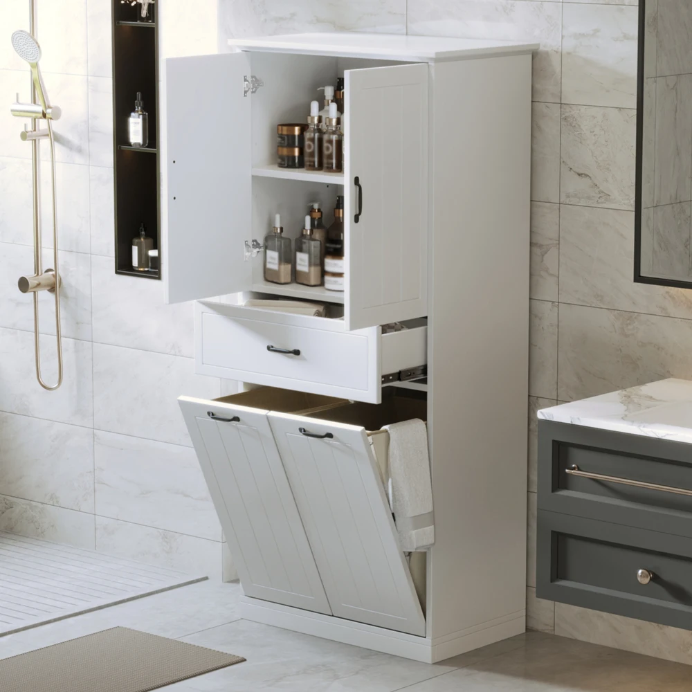 

66"Double Tilt Out Laundry Hamper, Bathroom Storage Cabinet with Hidden Laundry Hamper,Adjustable Shelves for Bathroom Kitchen