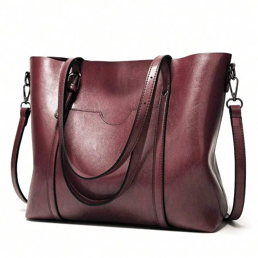 

Women's Burgundy Faux Leather Top-Handle Tote Bag with Adjustable Strap