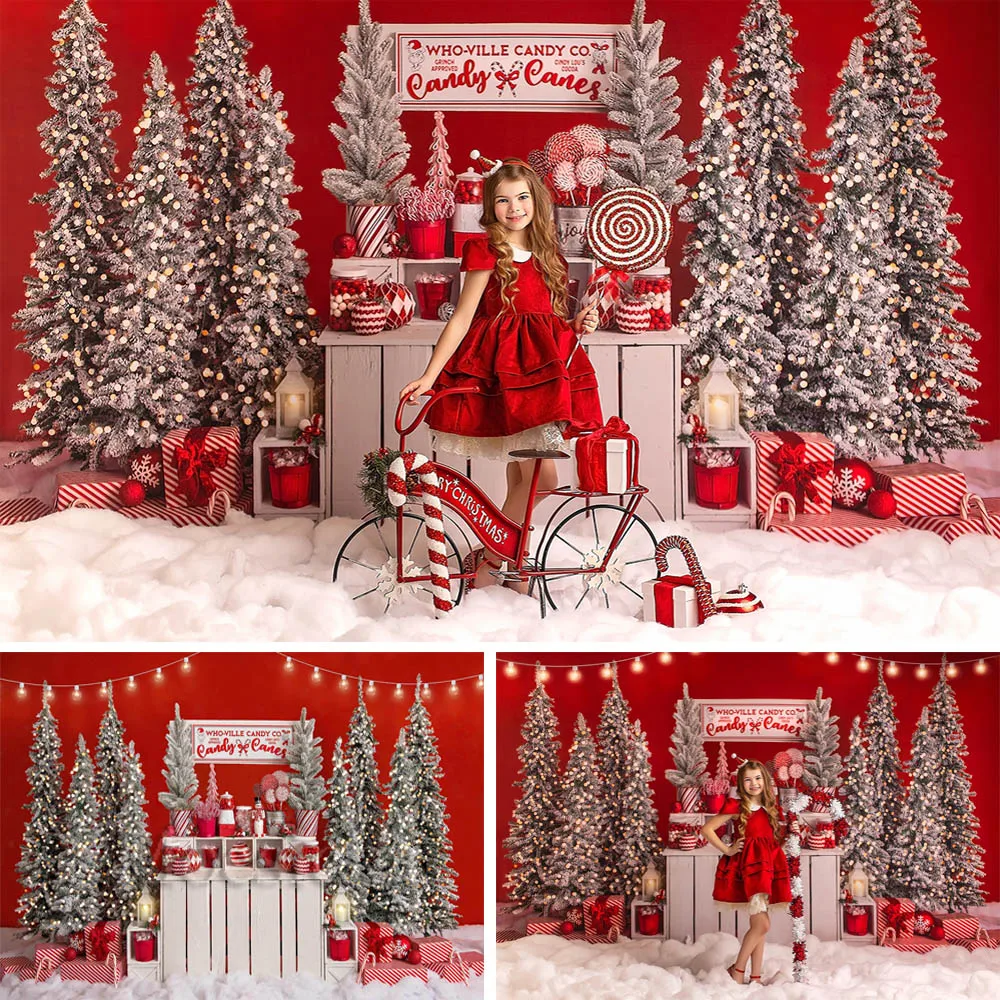 Christmas Candy Shop Photography Backdrop Creamy Cocoa Stand Xmas Tree Snowy Family Portrait Kids Birthday Cake Smash Background