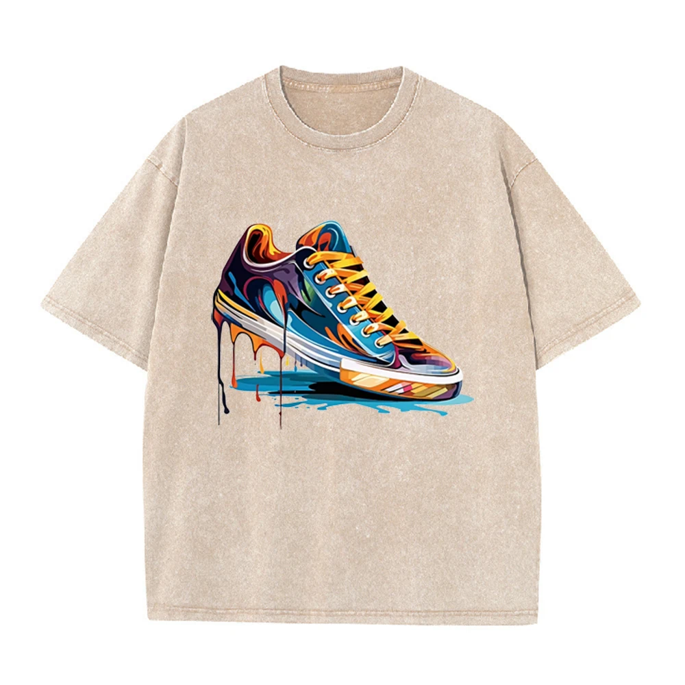 2026 Vintage Washed Men T Shirt Colorful Graffiti Sneaker Graphic Tees Casual Loose Streetwear Crew Neck Short Sleeve Tops For M