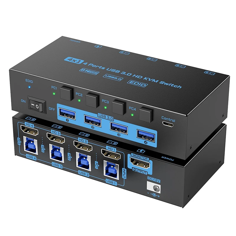 8K USB 3.0 KVM Switch HDMI 4 Port,EDID Simulation KVM Switch 4 Computers Share 1 Monitor and 4 USB Devices for Keyboard Mouse