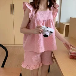 Plaid Nachtwäsche Frauen Pyjama Shorts Set Fliegen ärmel koreanische Kawaii Pyjama Rüschen Sommerhaus Kleidung Anzug schlafen Nacht tragen