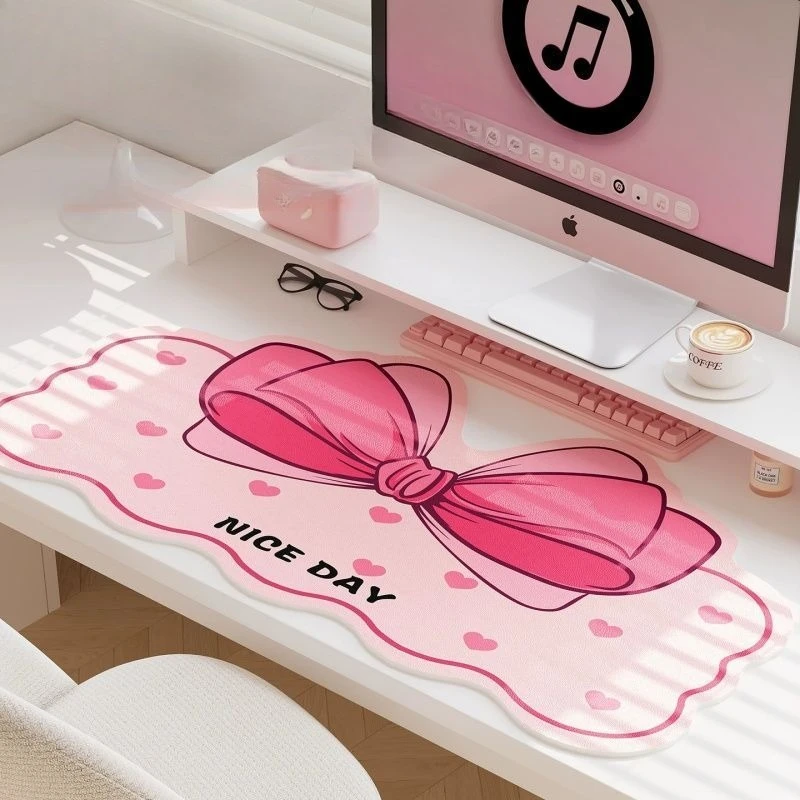 Kawaii Pink Bow WavyScalloped Edge Mouse Pad Extended Desk Mat Large Waterproof AntiSlip Keyboard MousePad for Laptop Desk Decor