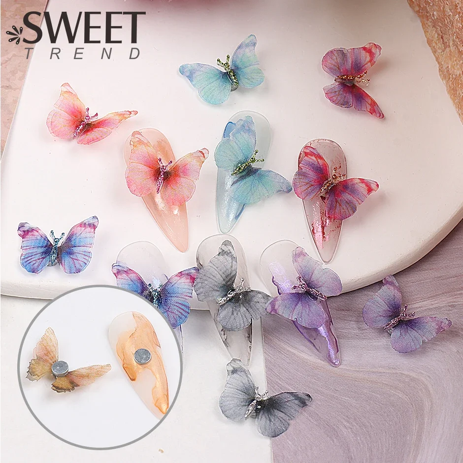 6pcs 3D Butterfly Nail Charms Magnets Decoration 2023 Double Mesh Tulle Butterfly Ornaments Stickers for Nails  Accessories