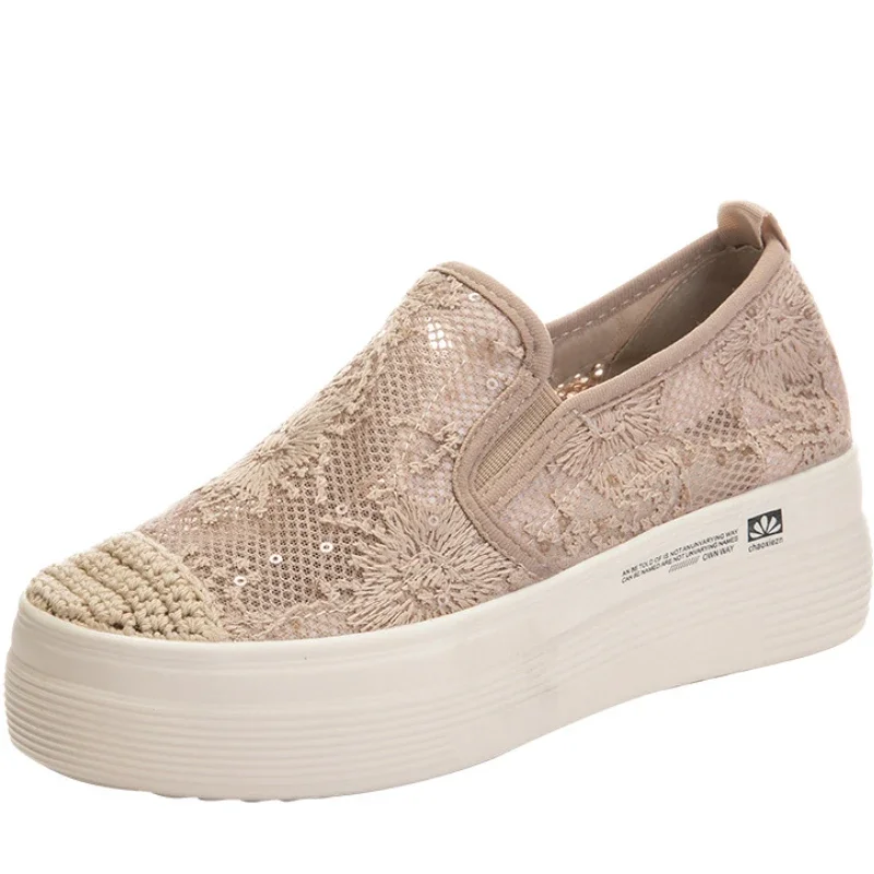 Zapatos de plataforma sin cordones para mujer, novedad de verano 2021, superficie de malla, transpirable, pequeña fragancia en el interior, zapatos de mujer con tacón de 7CM