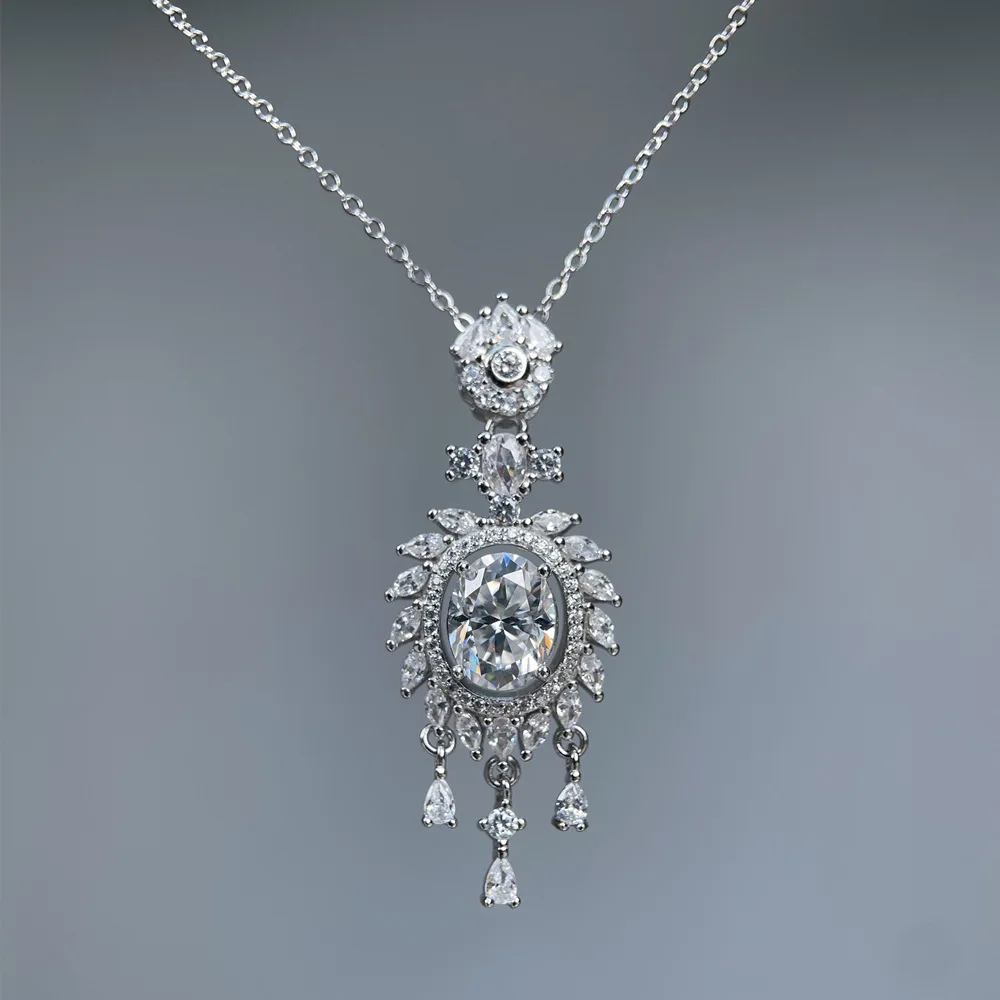 

S925 Rhodium Plated 7x9mm 2CT D Color Oval Moissanite "Dreamcatcher" Pendant Necklace for Women Elegant Jewelry Gift.