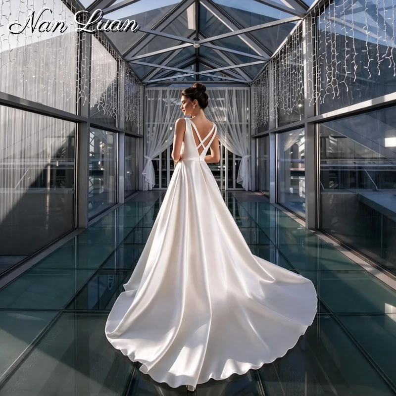 Solid White Satin Wedding Dress A Line Deep V Sleeveless Backless Bridal Gown Vestidos De Novia Customized