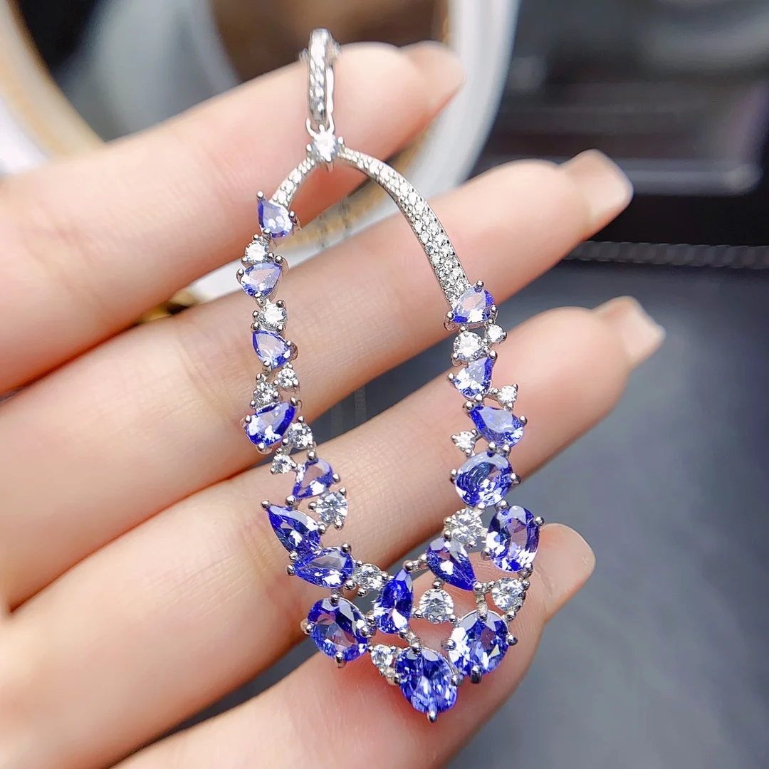 

FS S925 Sterling Silver Fine Charm 3*4mm Natural Tanzanite Pendant Necklace Weddings Jewelry for Women With Certificate MeiBaPJ