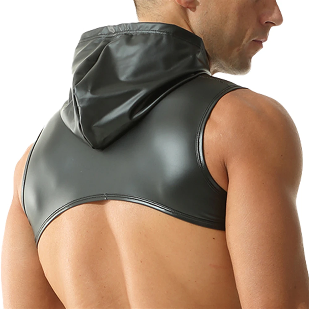 Men's Sexy Sleeveless Hooded Faux Leather Crop Tops Nightclub Punk Dance Mini Vest Male Fashion Streetwear Party Stage Costumes