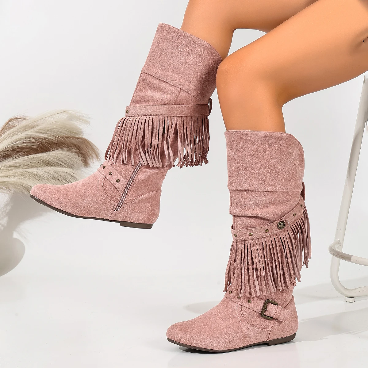 Women's Mid-Calf Boots in Bean Paste Pink Suede with Detachable Tassels, Round Toe, Flat Sole, Vintage Western Style, Convertible Long Boots, Women's Fashion Long Boots
