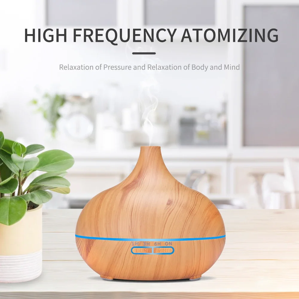 550ML Oil Diffuser Ultrasonic Remote Control Wood Grain Electric Aromatherapy Air Humidifier With 7 Color LED Lights Office Home