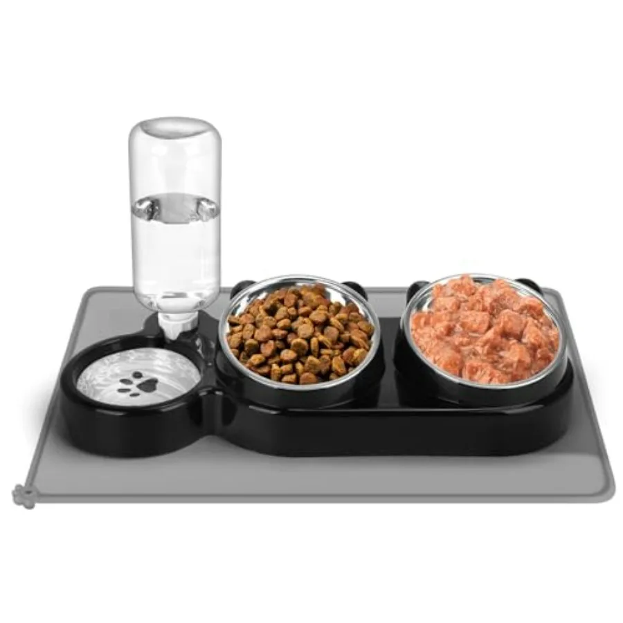 

Cat Food and Water Bowl Set, Stainless Steel Raised Cat Bowls with Automatic Water Bottle and Waterproof Mat for Cats/Puppies,