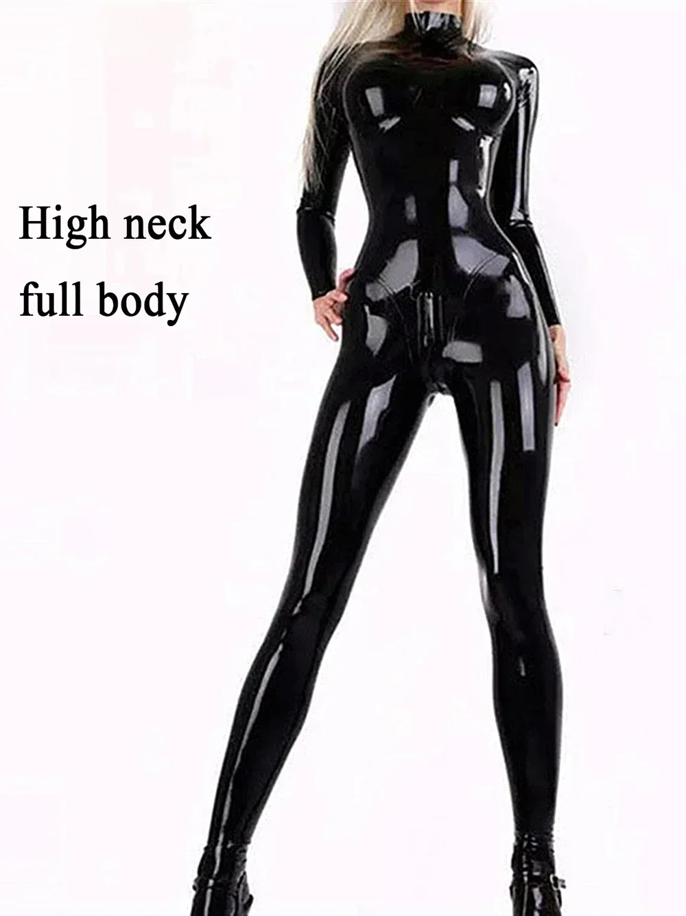 Shiny PVC Latex Catsuit for Women Open Crotch Rubber Long Sleeves Wetlook Fetish Jumpsuits Black Red