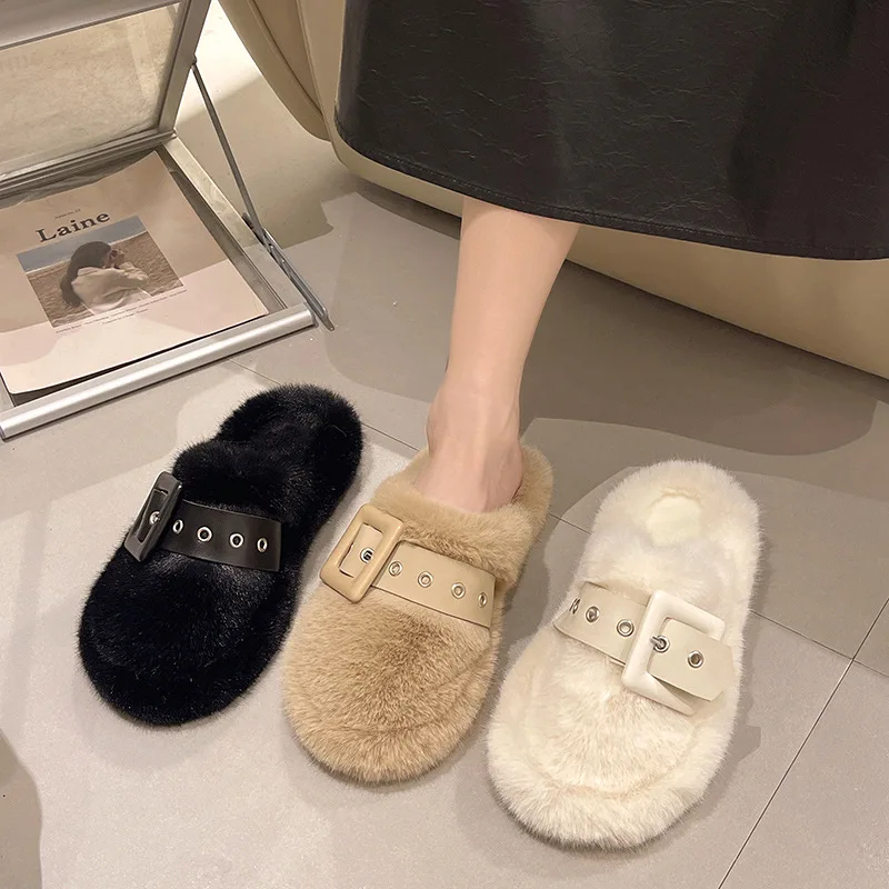 Home Slippers Women's Winter Footwear Big Size Flock Cover Toe Shoes Fur Flip Flops Slides Pantofle Low Massage Rubber Plush