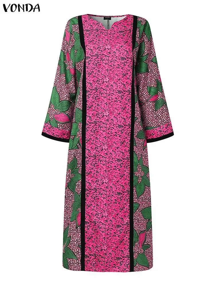 Plus Size 5XL VONDA Bohemian Floral Print Long Dress Women's V-Neck Long Sleeve Maxi Vestidos Vintage Casual Loose Sundress Robe