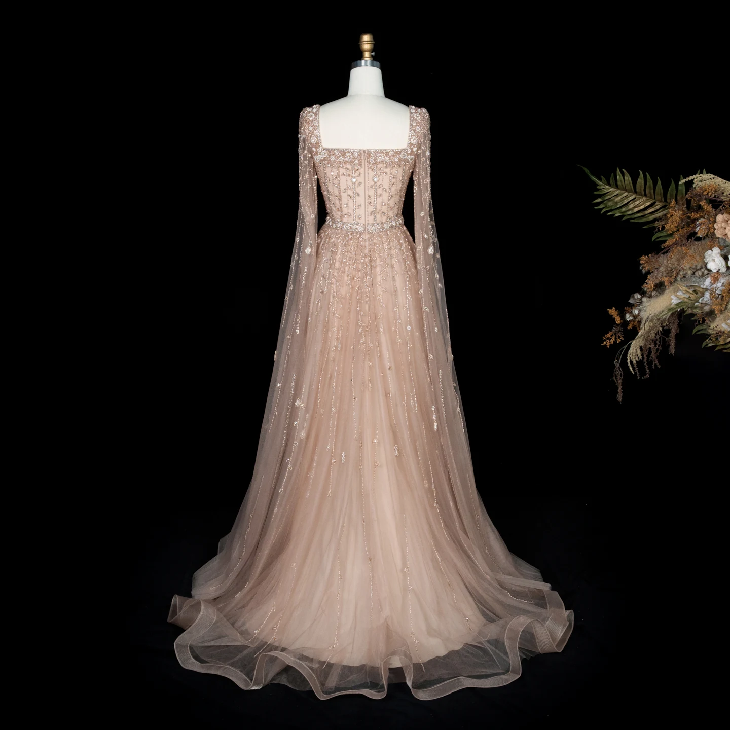 Sharon Said Luxuriöses Flieder-Champagner-Abendkleid mit Quadratischem Ausschnitt und Ärmeln, Rosa Muslimisches Abendkleid für Hochzeitsfeier, SS494 Maßanfertigung – Detail 19