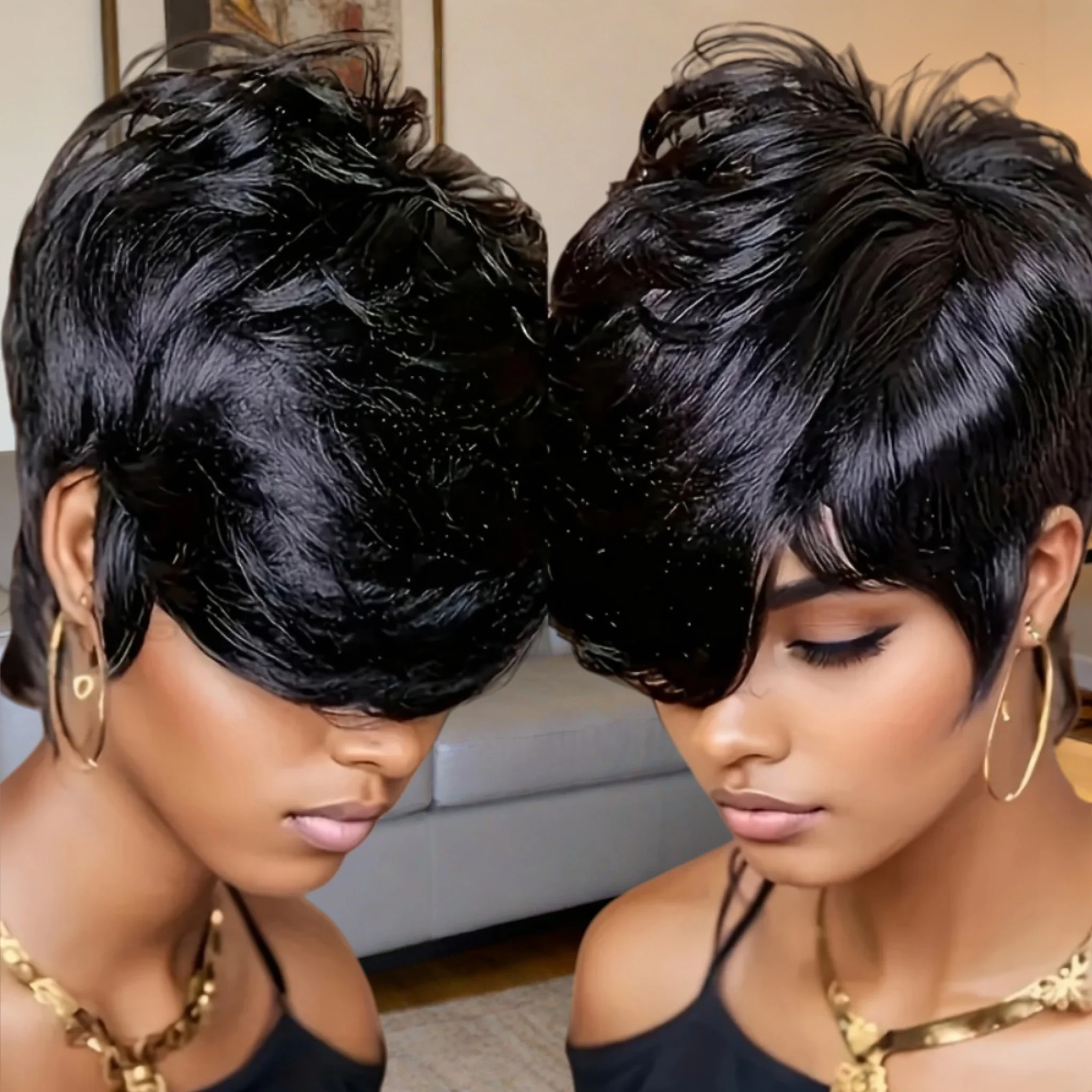 

Women's Remy Human Hair Pixie Cut Wig with Bangs, Full Machine Made Short wave Hair Wig for Women,Natural Hairline, Daily Wear