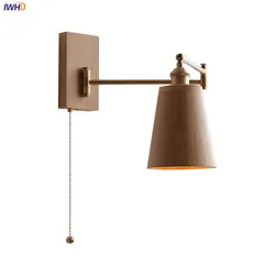 IWHD Walnut Ash Wood LED Wall Lamp Sconce Beside Pull Chain Switch Plug In Home Indoor Lighting Bathroom Mirror Stair Light