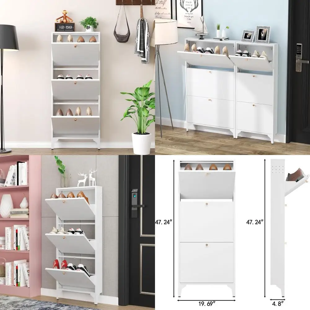 

Узкий шкаф для обуви с 3 дверцами и металлическими ножками для прихожей, белый