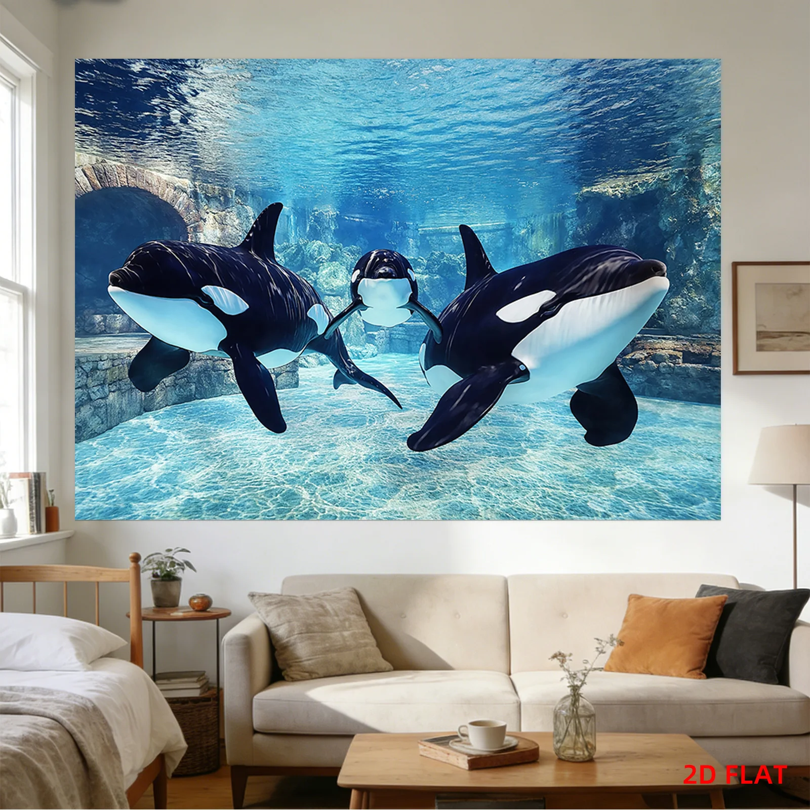 3D Killer Whale Family Tapestry, Underwater Orca Dolphin Wall Hanging, Blue Ocean Sea Life Art, Living Room Bedroom Home Decor