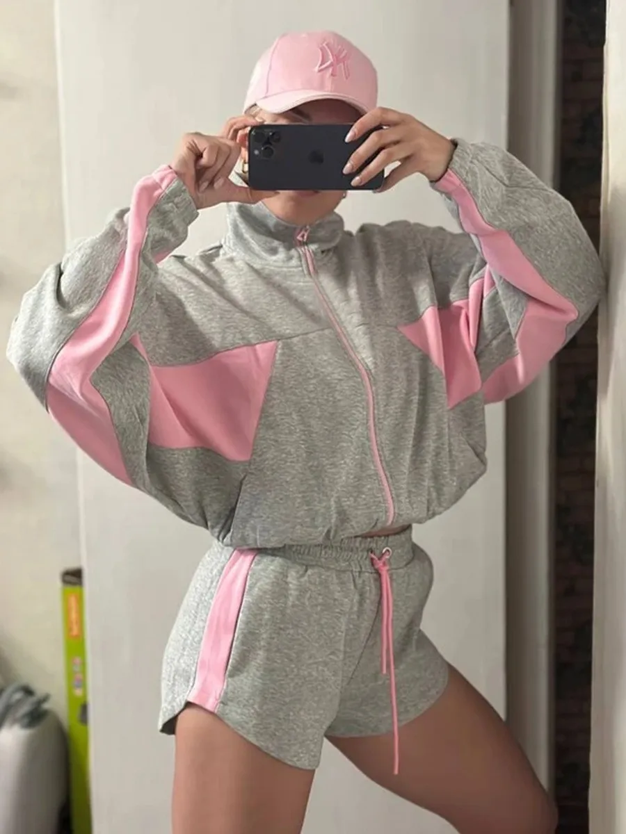 Women's Zipper Open Cardigan Color Block Loose Top Shorts Two-Piece Set Casual Sportswear Summer Fashion Online Exclusive