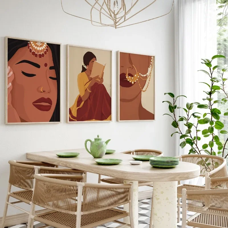 Abstract South Asian Indian Black Women Poster Tamil Girl Canvas Painting Boho Wall Art Modern Girls Room Home Decor Mural
