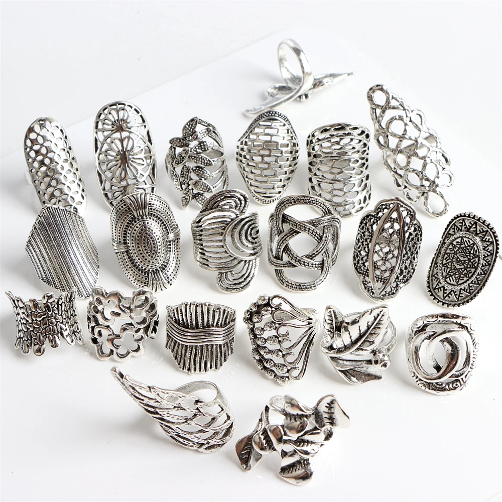 Wholesale 50pcs/Lots Vintage Mix Style Carved Flower Rings For Women Fashion Party Gift Jewelry
