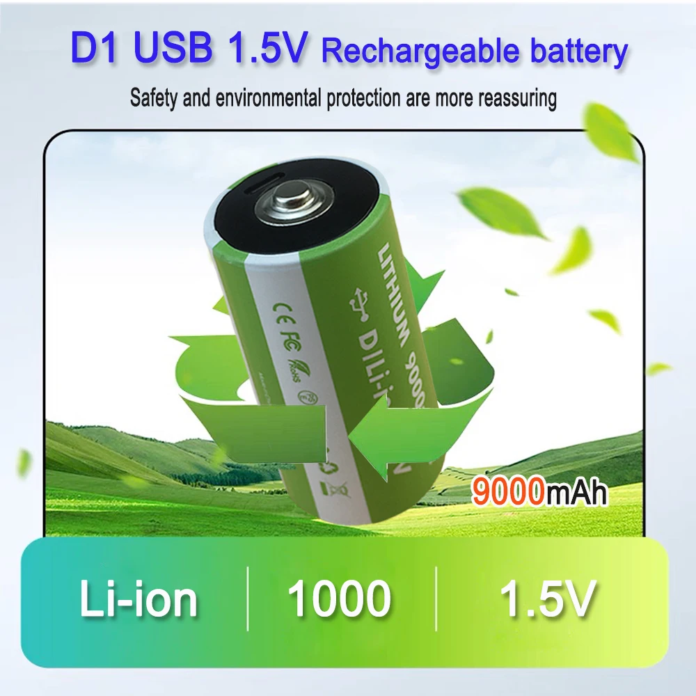 

USB Rechargeable Li on Battery D1 Type-C 1.5V 9000mAh For Electric Toy Car Electronic Scale, Sunlight Flashlight, etc