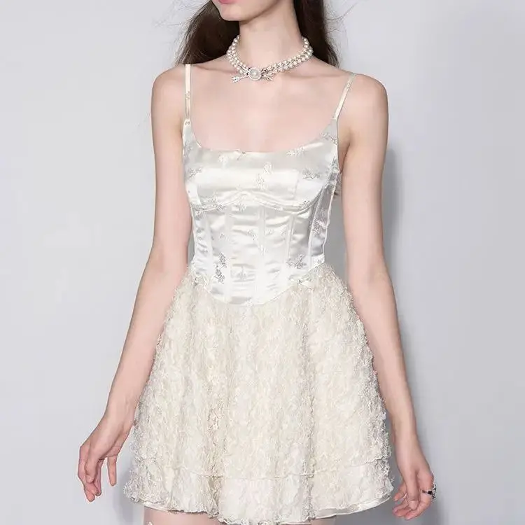 

Dress Spaghetti Strap Elegant Fairy Women Summer High Waist White Lace Party Mini Dresses Streetwear Korean Fashion