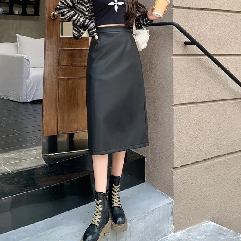 

High Waist PU Leather Long Skirt Women New Arrival 2024 Autumn Solid Color Basics Office Lady Elegant Pencil Skirts W1894