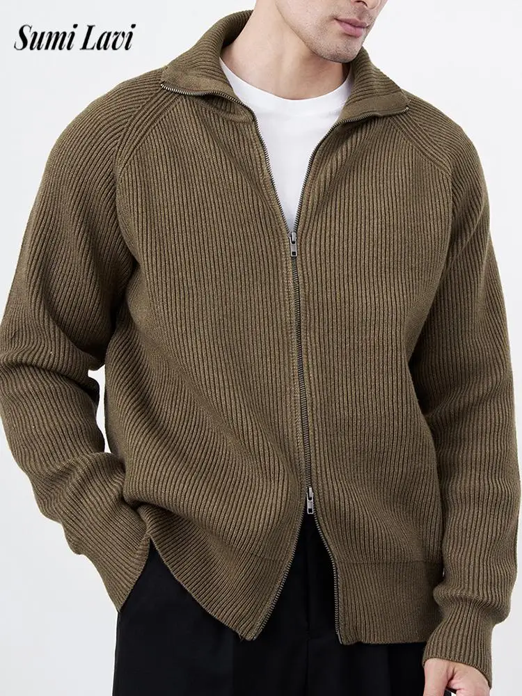 

2025 Fall Winter Men's Casual Sweatercoats Fashion Slim Zipper Turn-down Collar Knit Cardigan Tops Men Vintage Solid Color Coats
