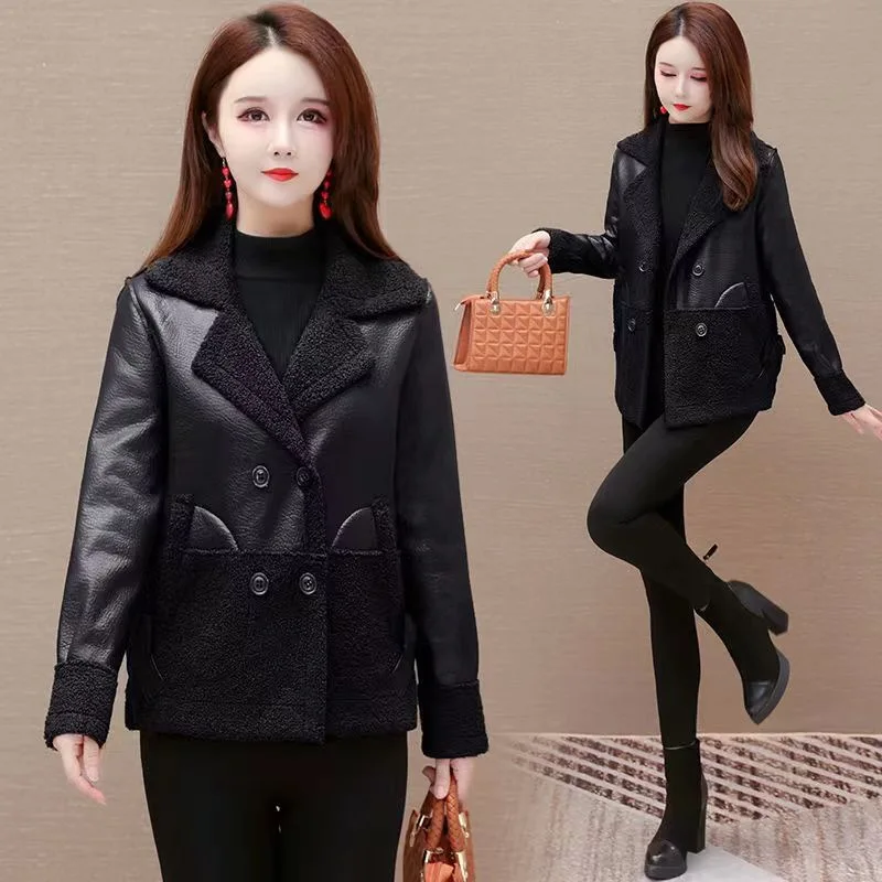 

Leather Jacket Women's New Autumn and Winter Fur Integrated Coat Foreign Fashion Trendy Bow Coat on Both Sides