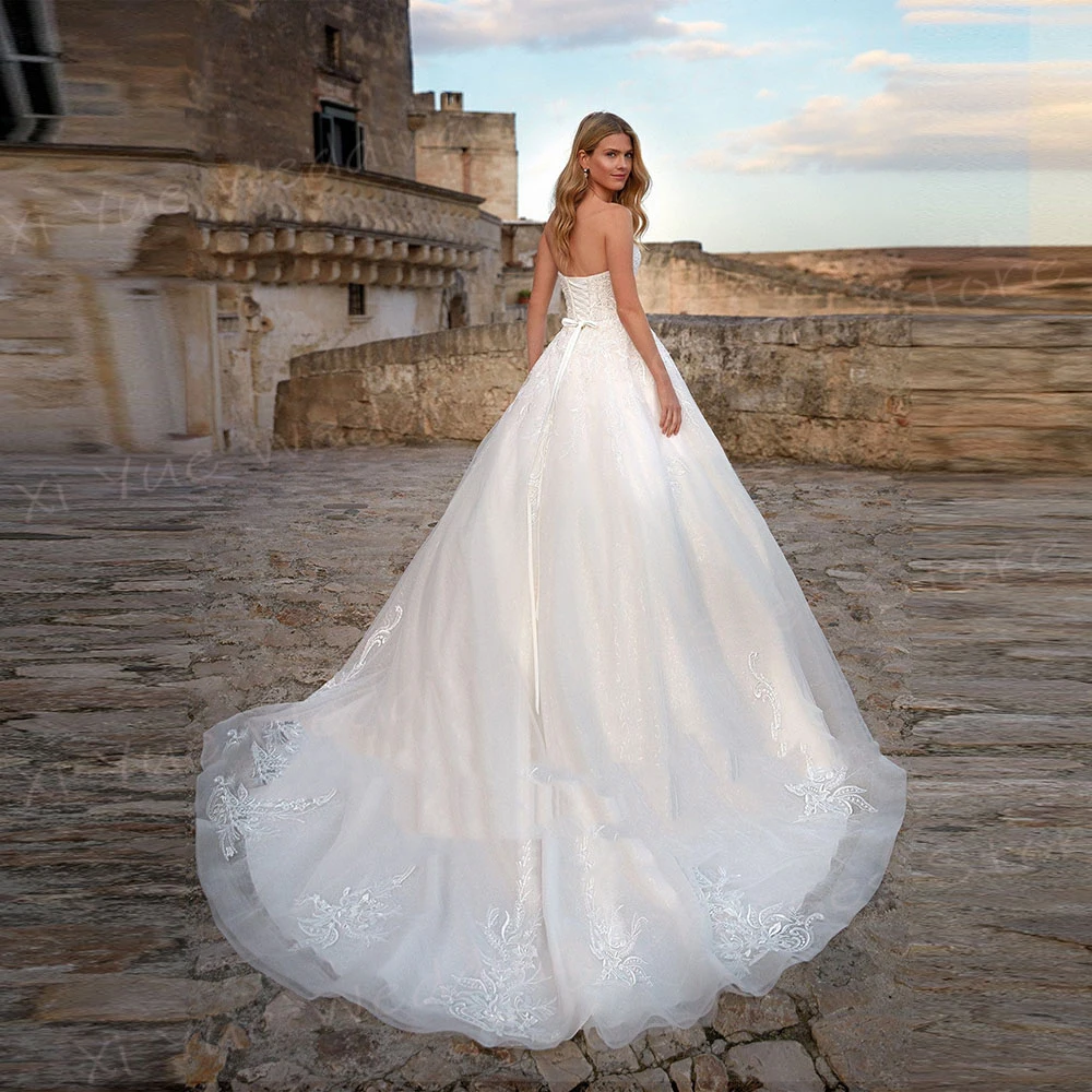 Vestido De novia sin tirantes para mujer, traje De novia De corte en A, con apliques encantadores, con cordones, sin mangas