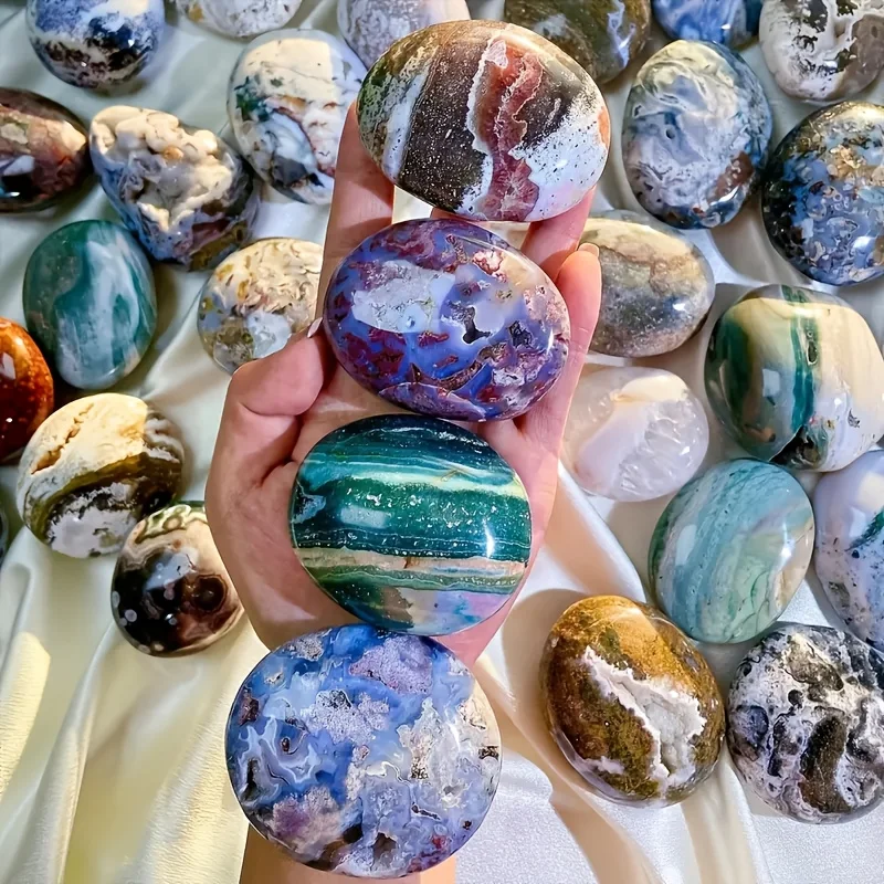 1pc Natural Ocean Jasper Palm Stone - Bohemian Style Smooth Polished Stone with Lustrous Marbled Ocean Colors